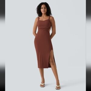 Halara Ruched Lace Up Bodycon Midi Casual Dress Sequoiq Sz M NWT